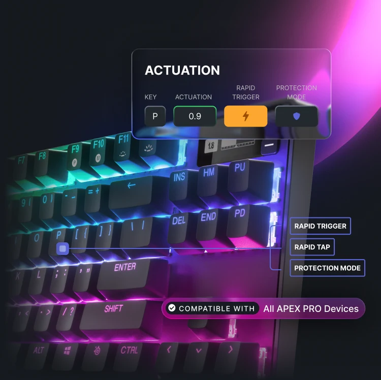 Promo for SteelSeries Apex Pro keyboards showing software settings for key actuation, Rapid Trigger, and Rapid Tap over a mechanical keyboard with vibrant purple and blue lighting.