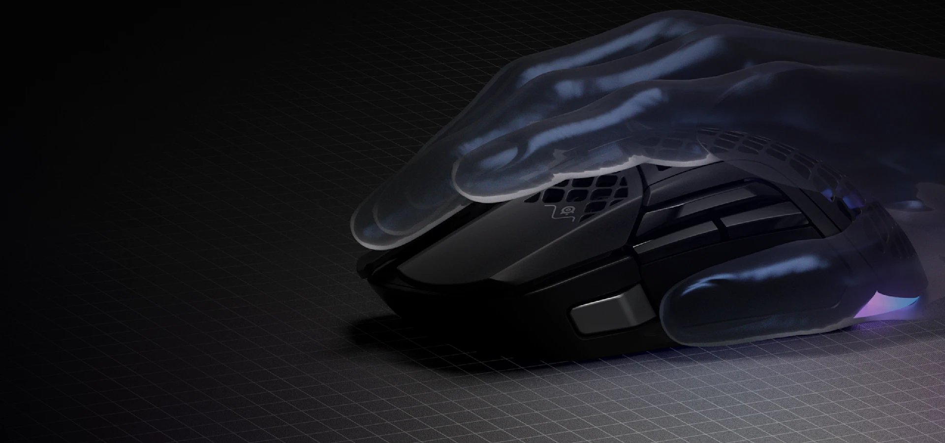 A large transparent hand resting on a mouse, which is placed on a checkered mousepad