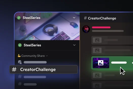 Discord interface mockup for "SteelSeries." The sidebar highlights the "# CreatorChallenge" channel, and the main window shows a list of submissions with one entry marked by a green check.