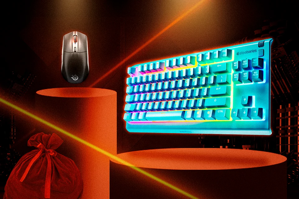 Image d'une souris Rival 3 Wireless et d'un clavier Apex 3 TKL aqua exposés sur des socles, avec des lumières laser orange éclairant l'arrière-plan.