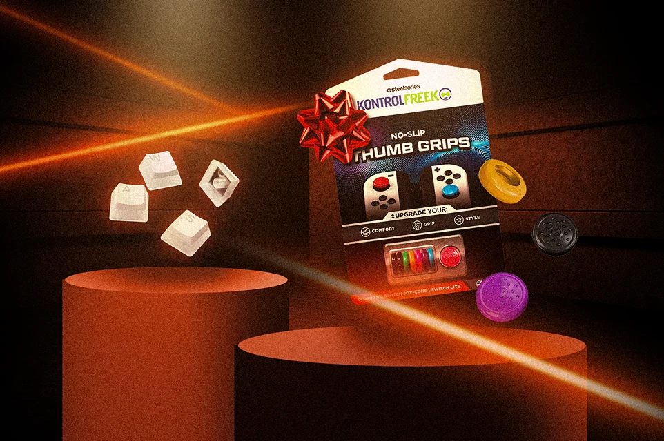 Une image de Prism Caps blancs et de KontrolFreek No-Slip Thumbgrips exposés sur des socles, avec des lumières laser orange éclairant l'arrière-plan.