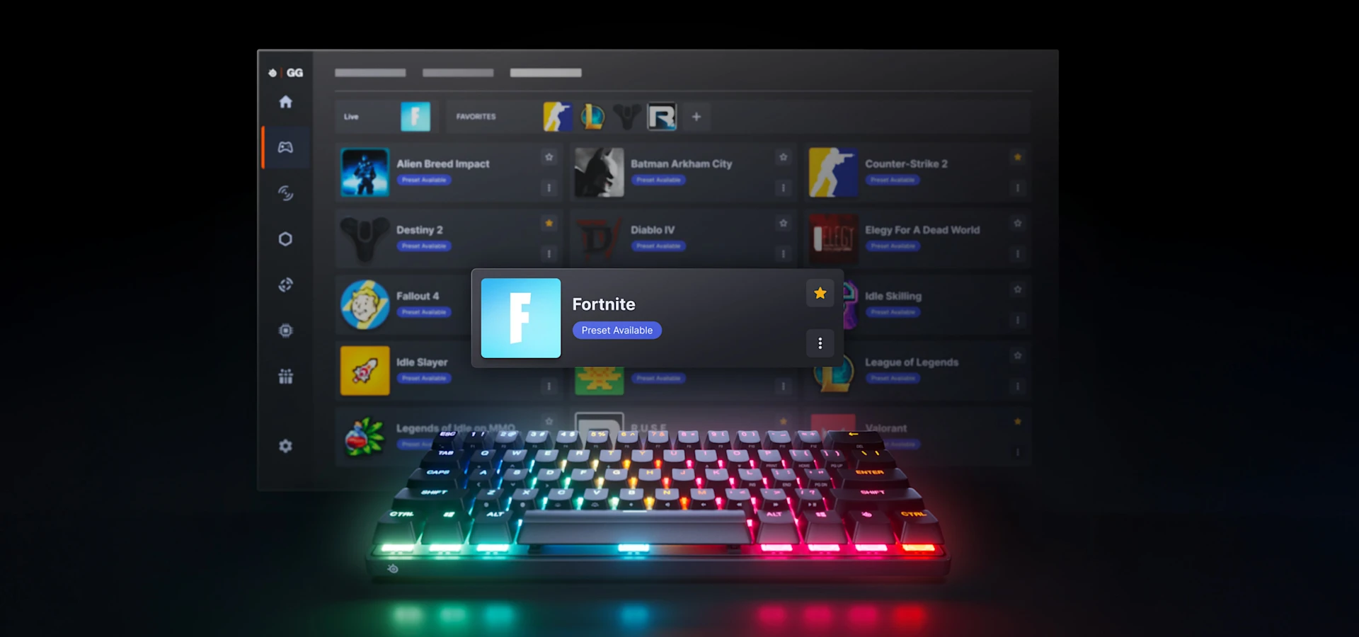 Apex pro keyboard with displayed landing page of gg software in the background.
