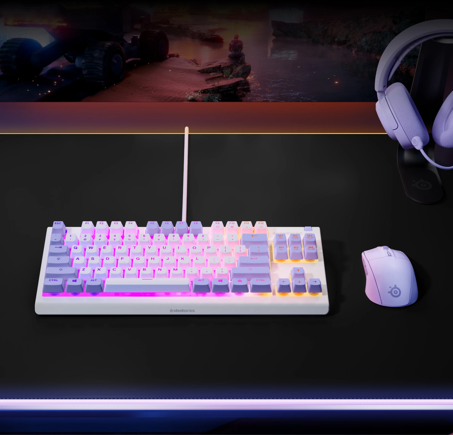 Apex 3 TKL-Tastatur auf einem Schreibtisch zusammen mit einer Gaming-Maus