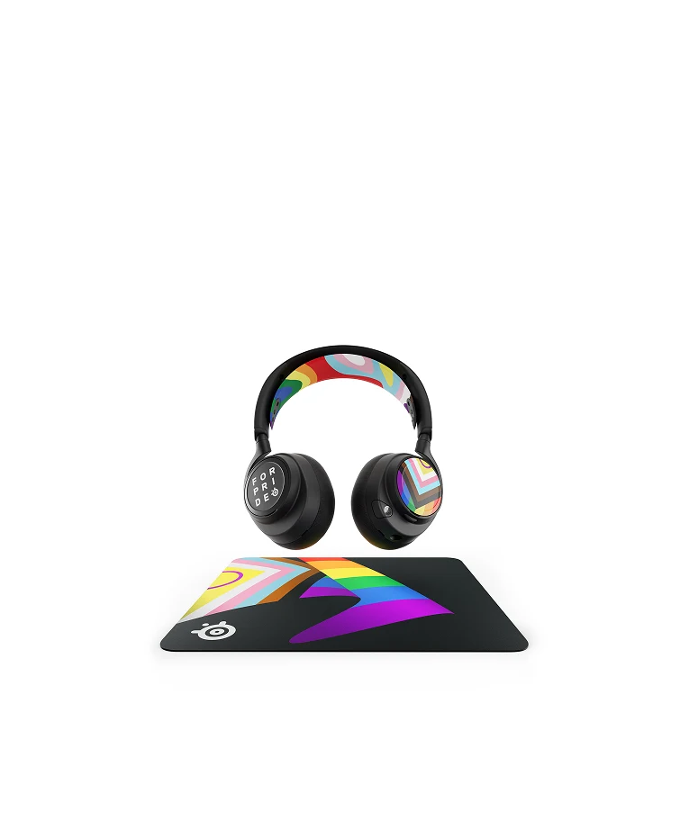 SteelSeries For Pride collection featuring custom gaming headset and rainbow Pride flag mousepad.