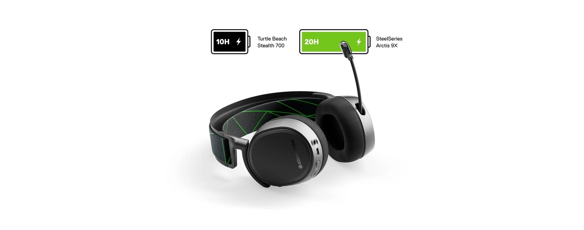 Comparison between the 20h battery life of Arctis 9 and the 10h of Turtle Beach Stealth 700.
