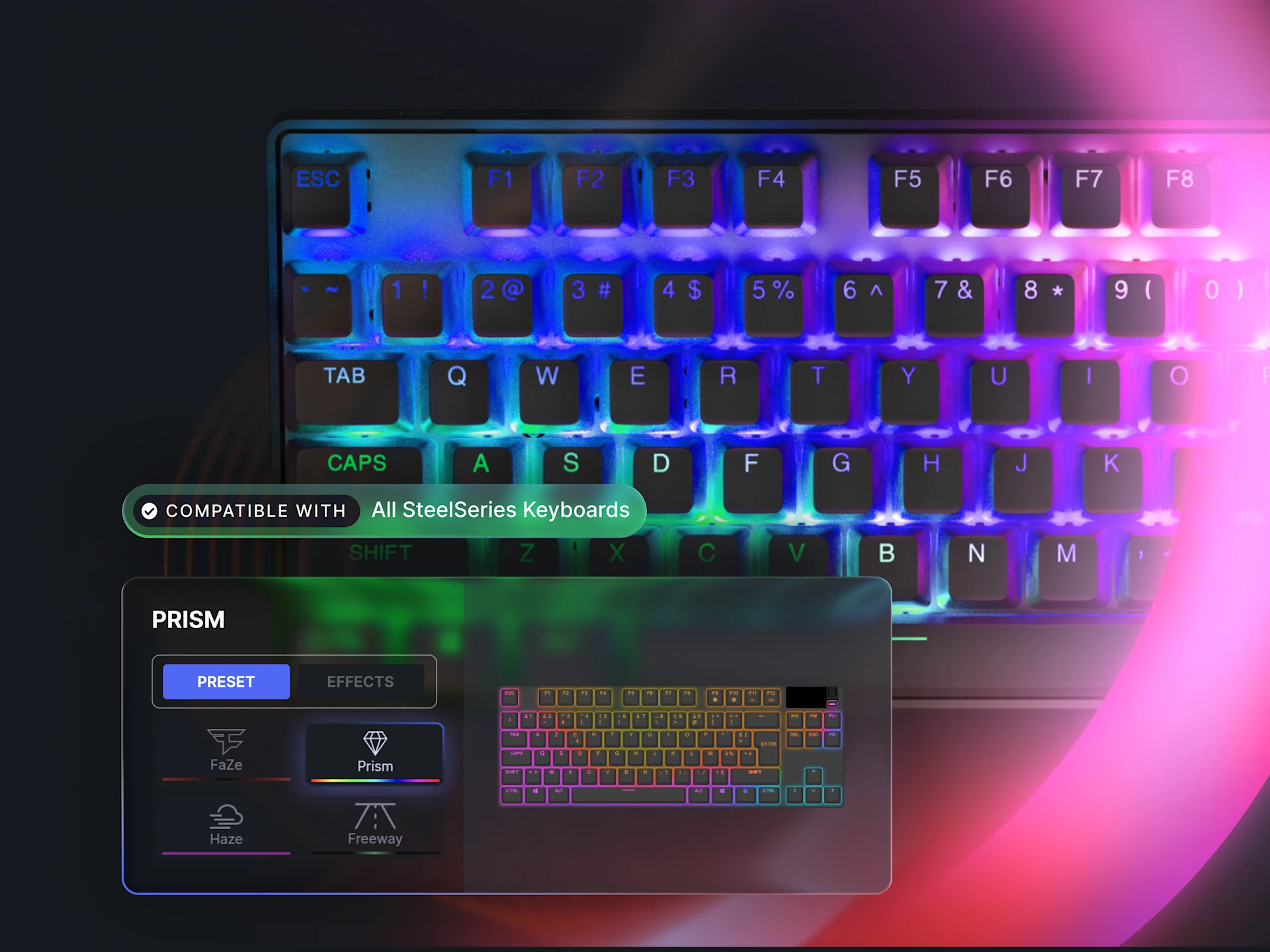 A high-angle close-up of a SteelSeries RGB keyboard showing the Prism software interface. A green badge notes compatibility with all SteelSeries keyboards.