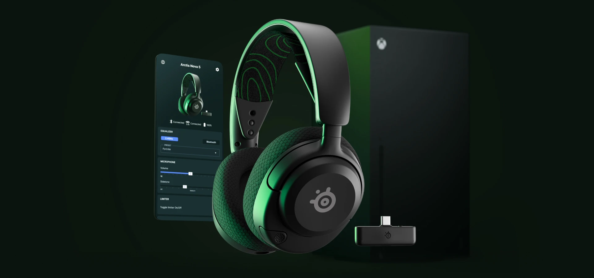 Arctis Nova 5 Black for Xbox, accompanied by a mobile device with the Arctis Companion app displayed on it