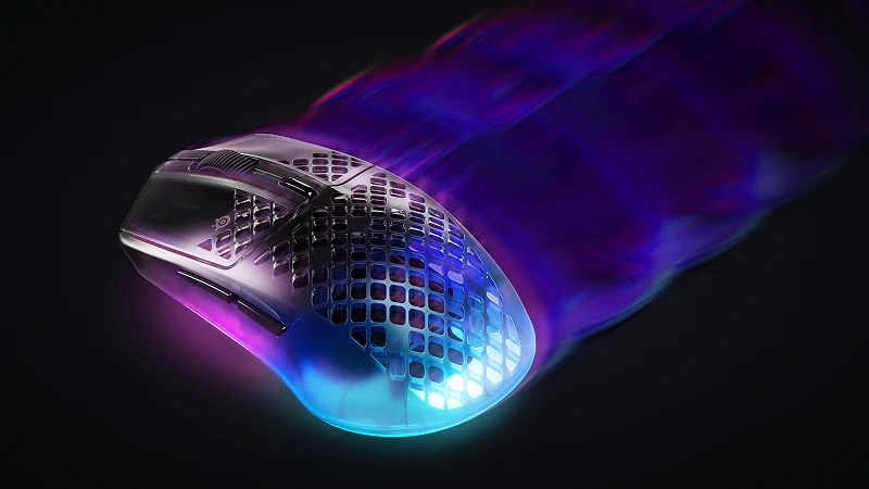 Translucent RGB mouse in motion blur trail, emphasizing fast, lightweight performance.