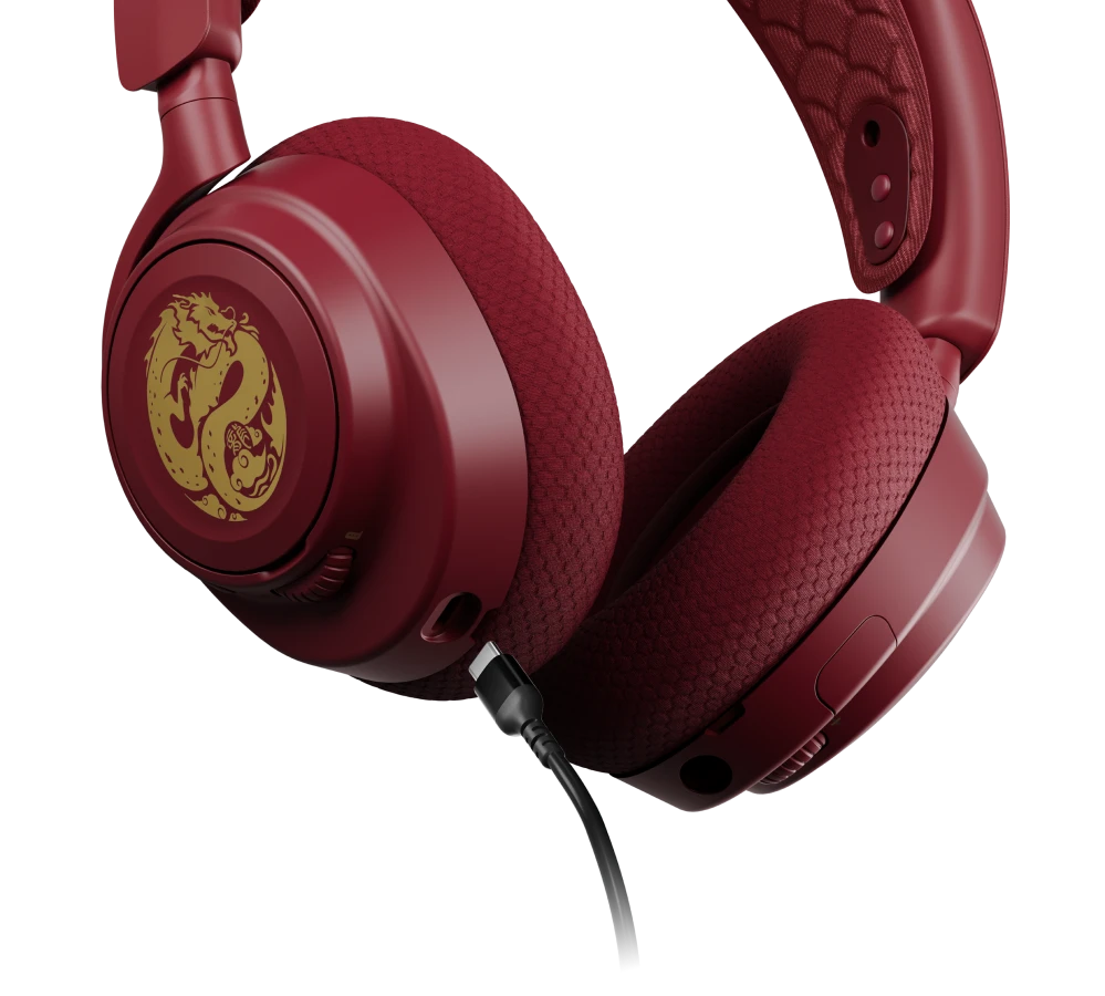 A close up view of the USB-C port on an Arctis Nova 7 Dragon Edition headset.