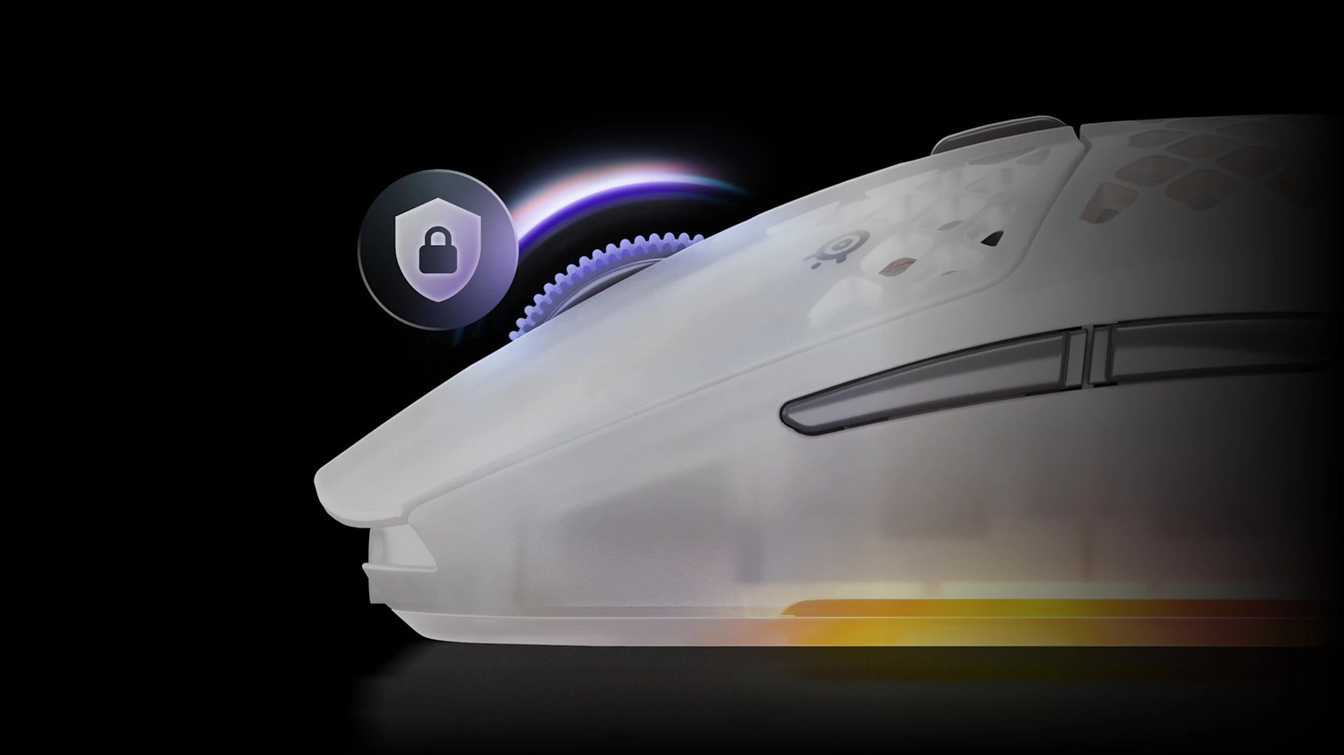 Side view of gaming mouse with scroll wheel and lock icon symbolizing secure wireless.