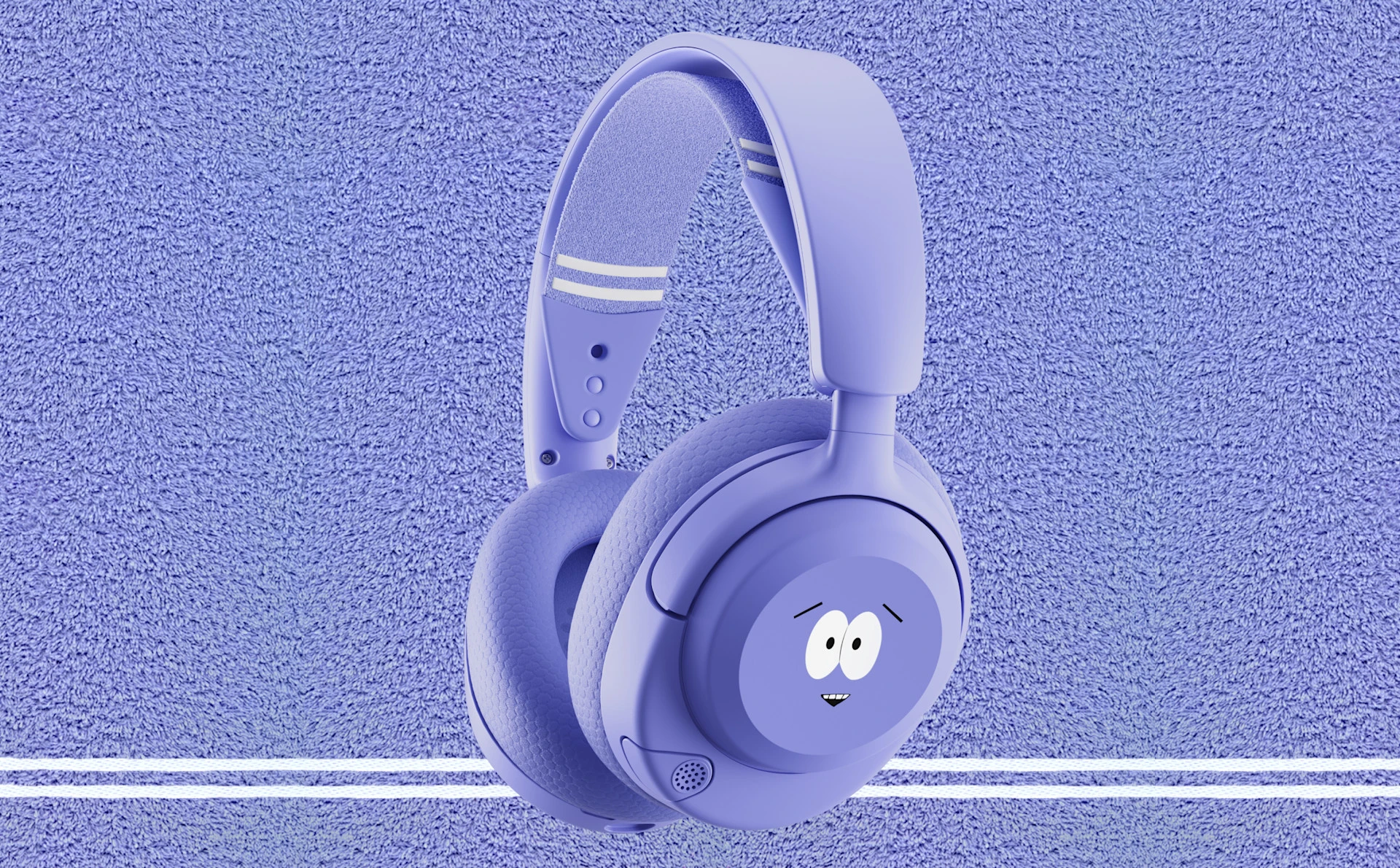 SteelSeries Arctis Nova 5 Wireless South Park edition purple gaming headset featuring a Towelie speaker plate design on a textured purple background.