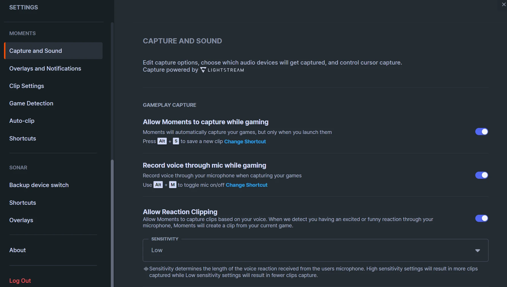 Moments settings panel.