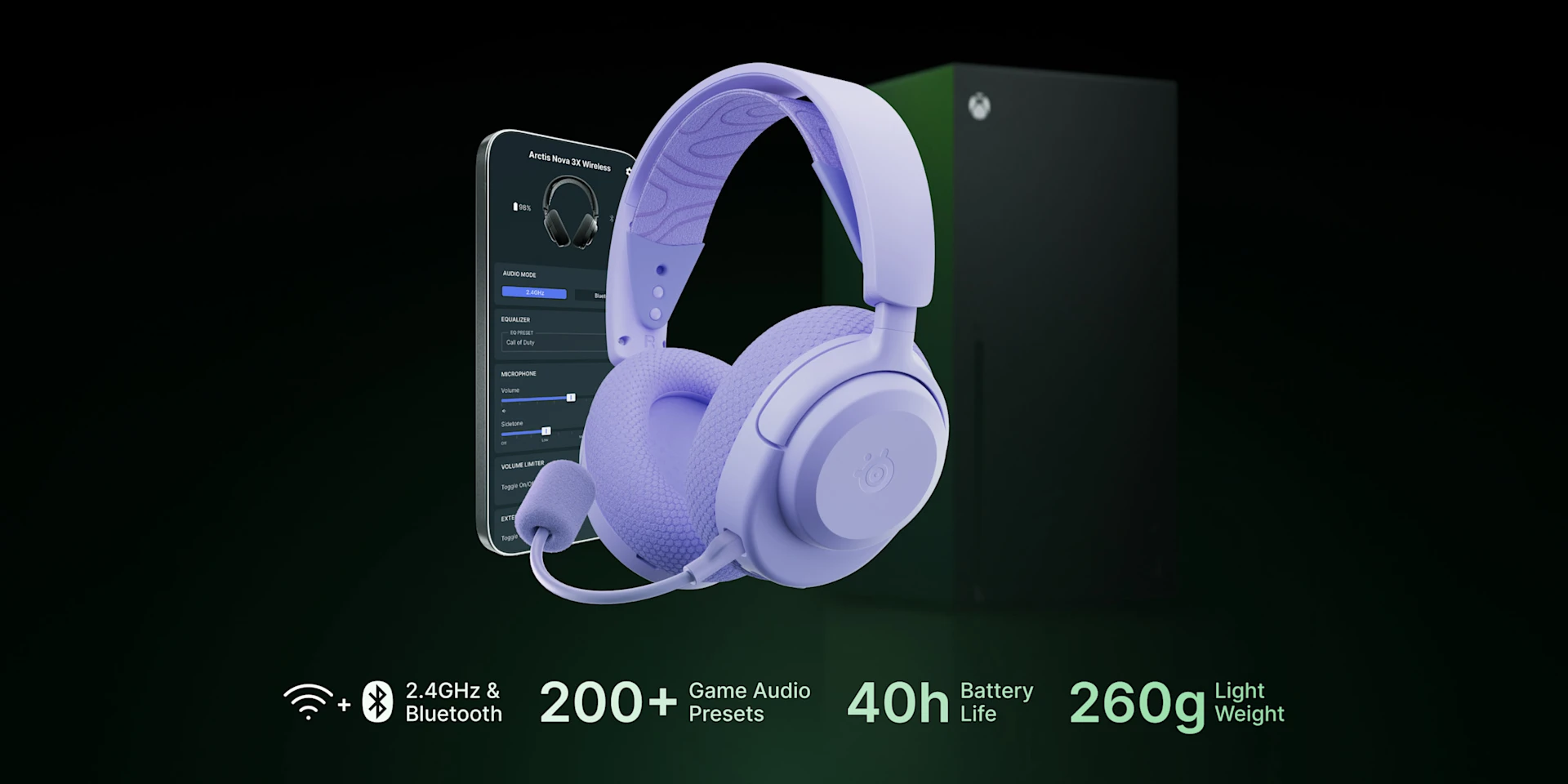 Arctis Nova 3 Wireless Lavender surrounded by smartphone and Xbox console on a dark background