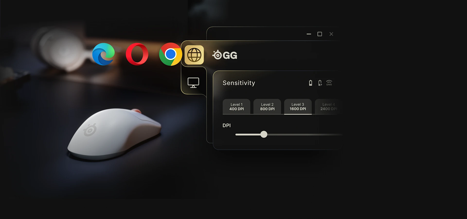 A white gaming mouse next to web browser icons and the SteelSeries GG Web sensitivity settings interface.
