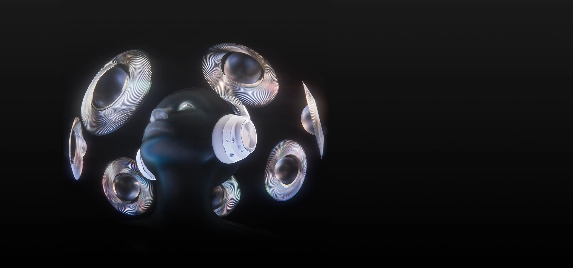 Maniquí con audífonos inalámbricos Arctis Nova Pro rodeado de altavoces flotantes.