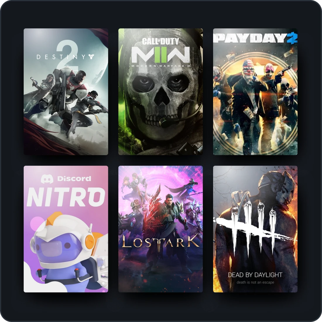 A grid of popular video game covers, including Destiny 2, Call of Duty, and Dead by Daylight, alongside a promotion for Discord Nitro.