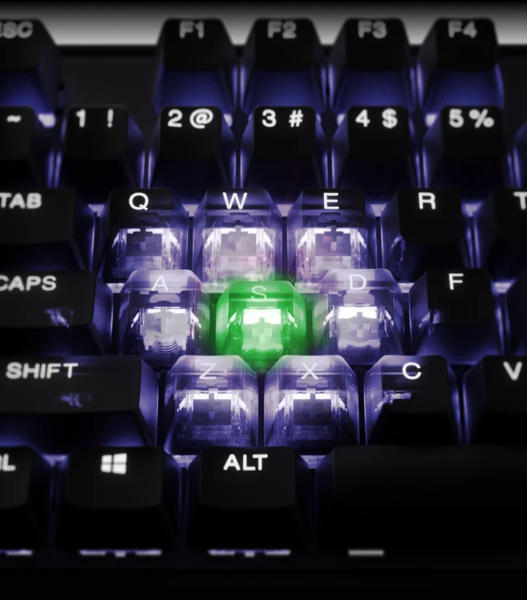 A close-up of the ASDF keys, which are illuminated and transparent