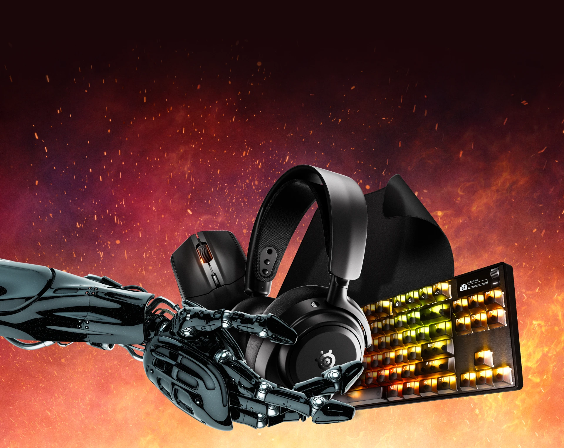 An image of a robotic arm holding an assortment of SteelSeries gear.