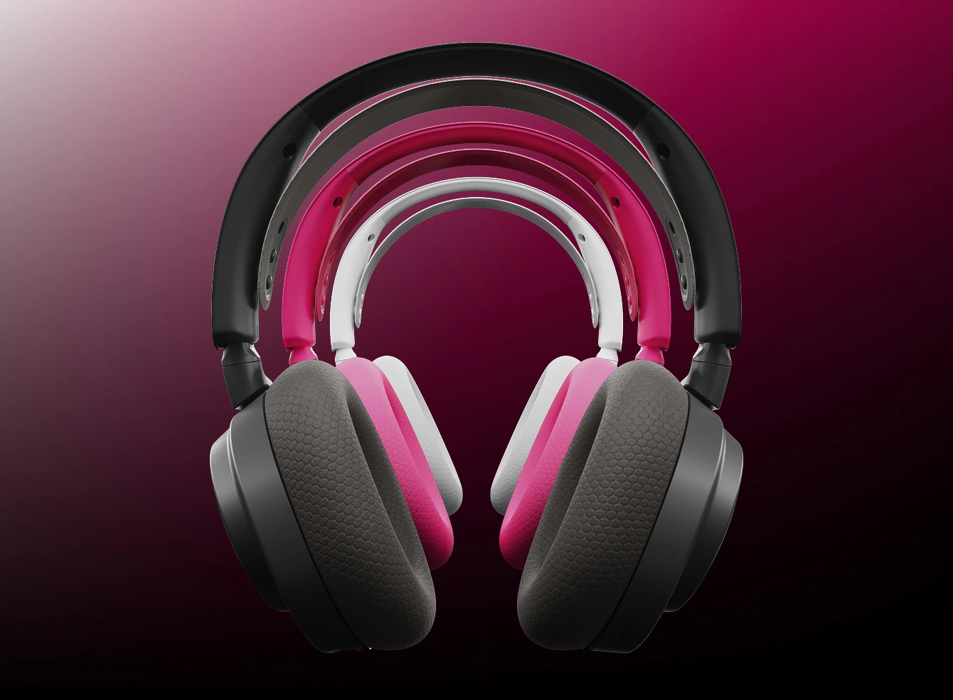 Arctis Nova 7 headset displayed in three different color variants