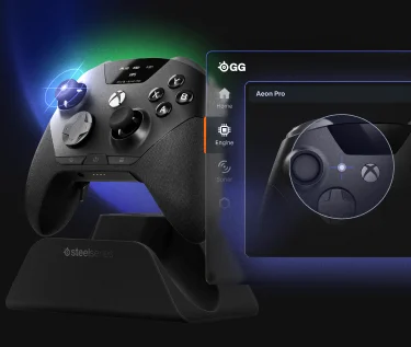 A close-up view of the SteelSeries Aeon Pro controller, showing its customizable buttons and modular design.