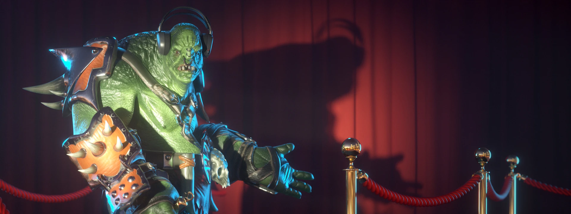 A green orc in spiky armor and headphones gestures welcomingly past a red velvet rope, with its shadow cast on a red curtain behind it.