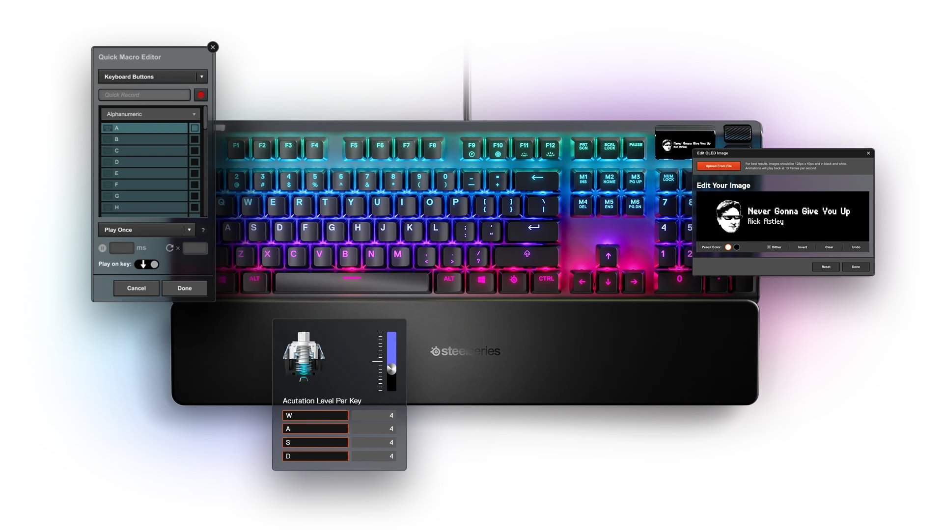  A SteelSeries gaming keyboard with RGB lighting and software windows showing customization options for macros, key actuation, and an OLED screen.
