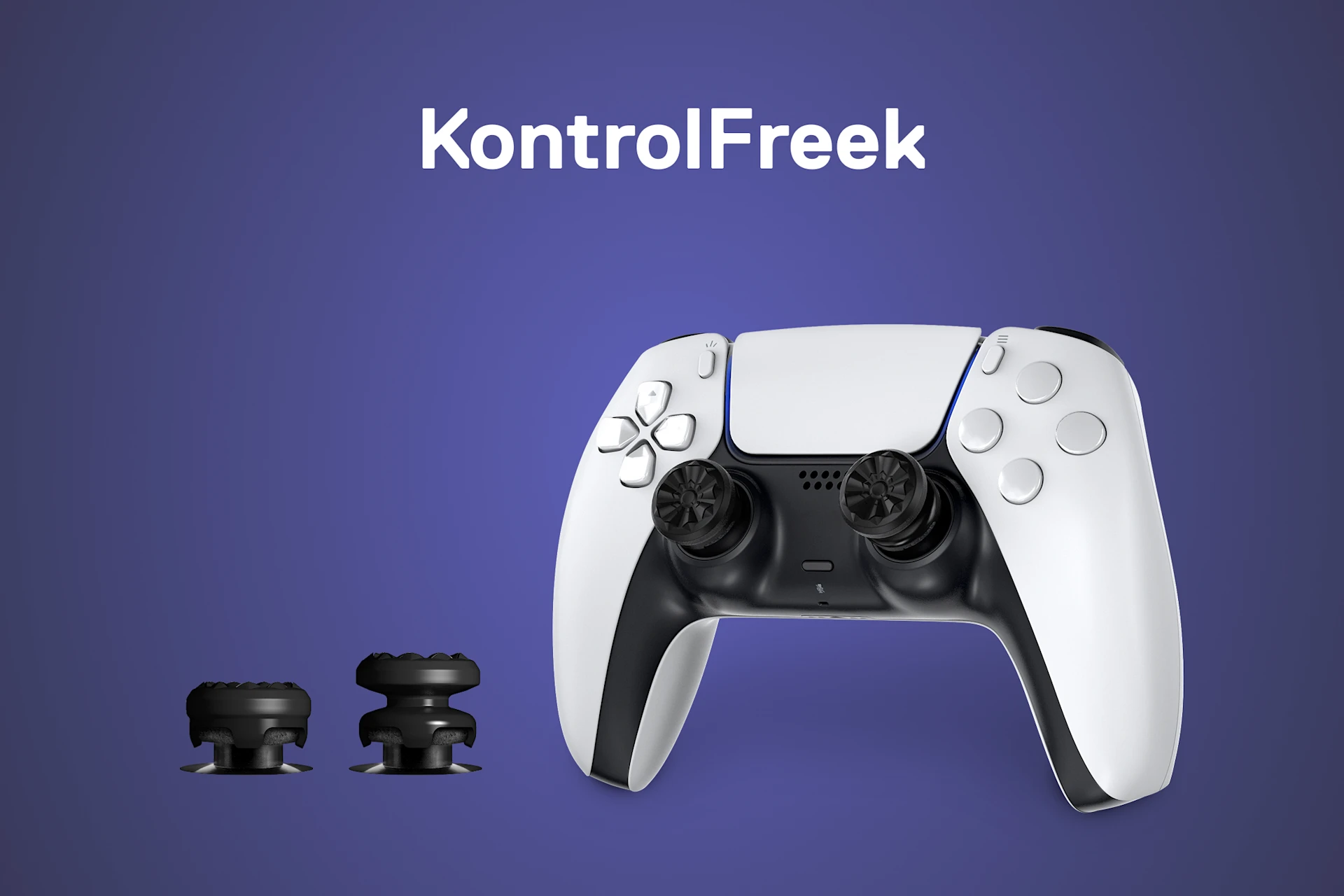Image d'une manette de PS5 avec des sticks KontrolFreek et un texte indiquant "KontrolFreek" sur un fond dégradé violet.