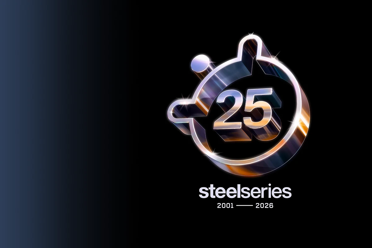 An image of the SteelSeries logo with the number 25 in the middle and text that reads: "steelseries 2001 - 2026".