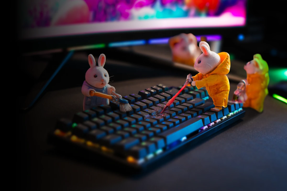 An image of bunnies cleaning an Apex keyboard.