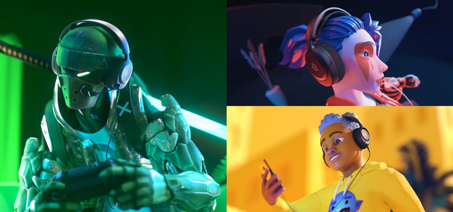 A picture of 3 different fictional characters wearing and using Arctis Nova 1 Headset on different platforms.