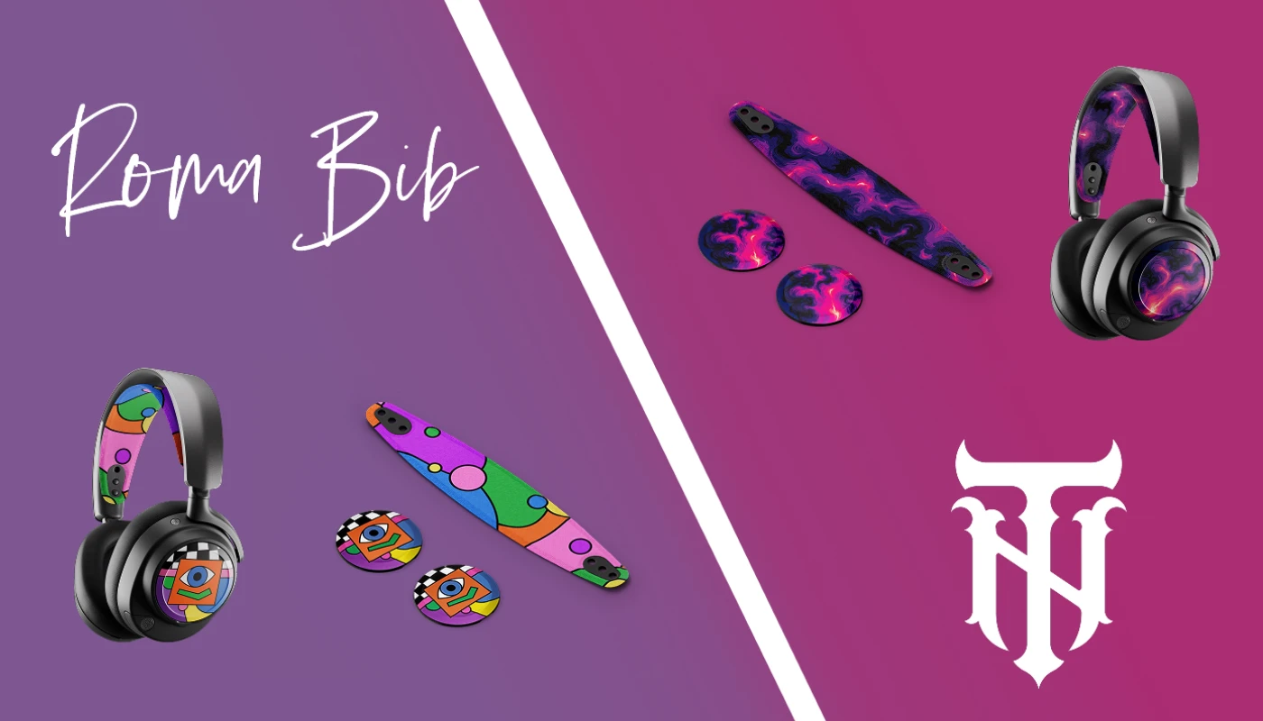 Roma Bib and Titik Noda booster packs on Arctis Nova Pro headsets, set against a purple and pink gradient background.