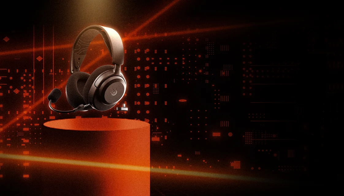 Arctis Nova 3 Wireless耳机置于展示台，橙色激光光束映照背景。