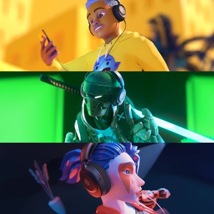 3 fictional characters wearing and using Arctis Nova 1 on different platforms