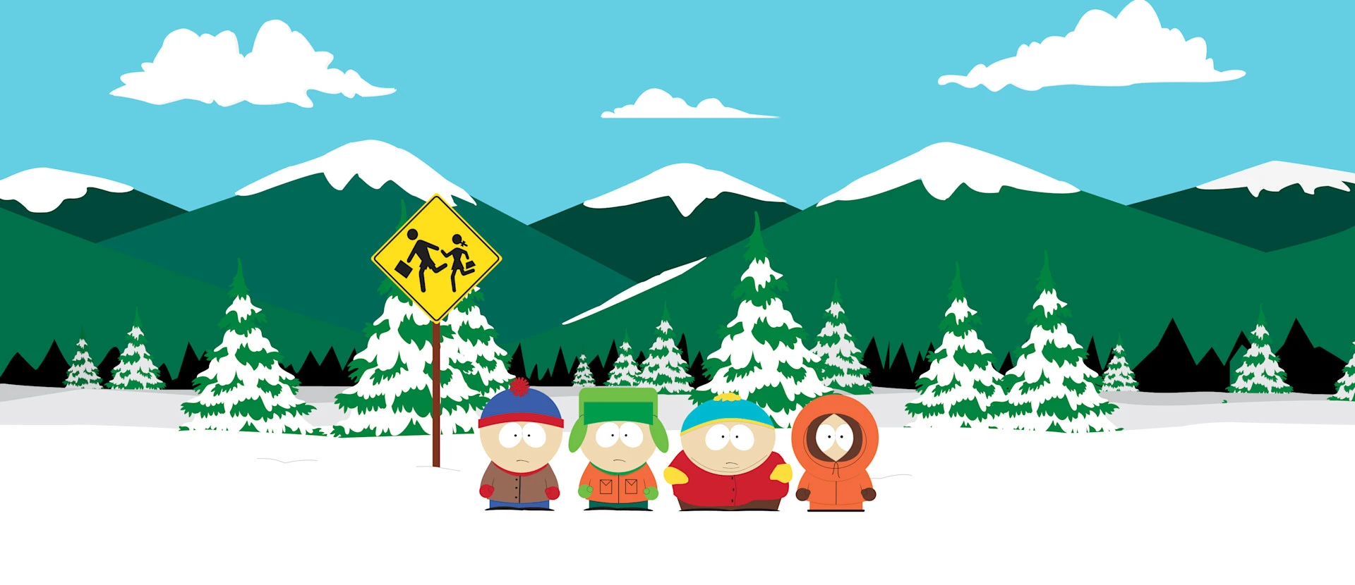 SteelSeries South Park edition large cloth gaming mousepad featuring Stan, Kyle, Cartman, and Kenny standing at the iconic snowy bus stop with a yellow school crossing sign and mountains in the background.