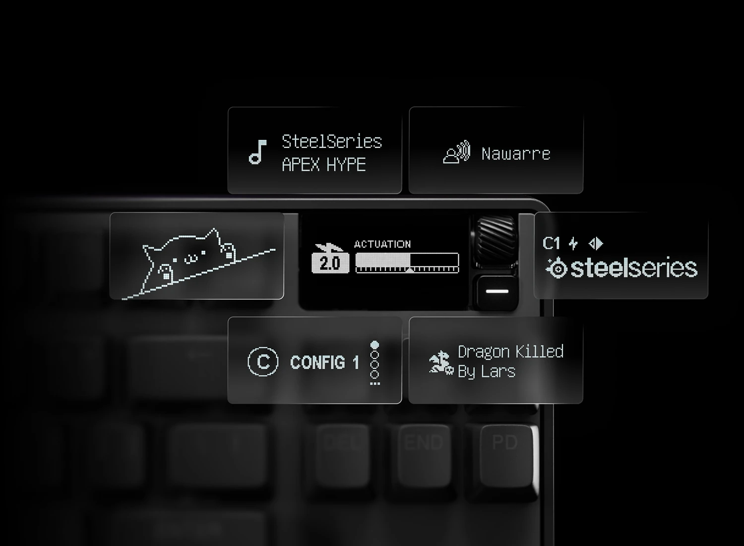 Primer plano de la pantalla OLED inteligente del teclado para juegos SteelSeries Apex Pro, que muestra ajustes de activación personalizados, estadísticas de juego, notificaciones de Discord y animaciones personalizadas.