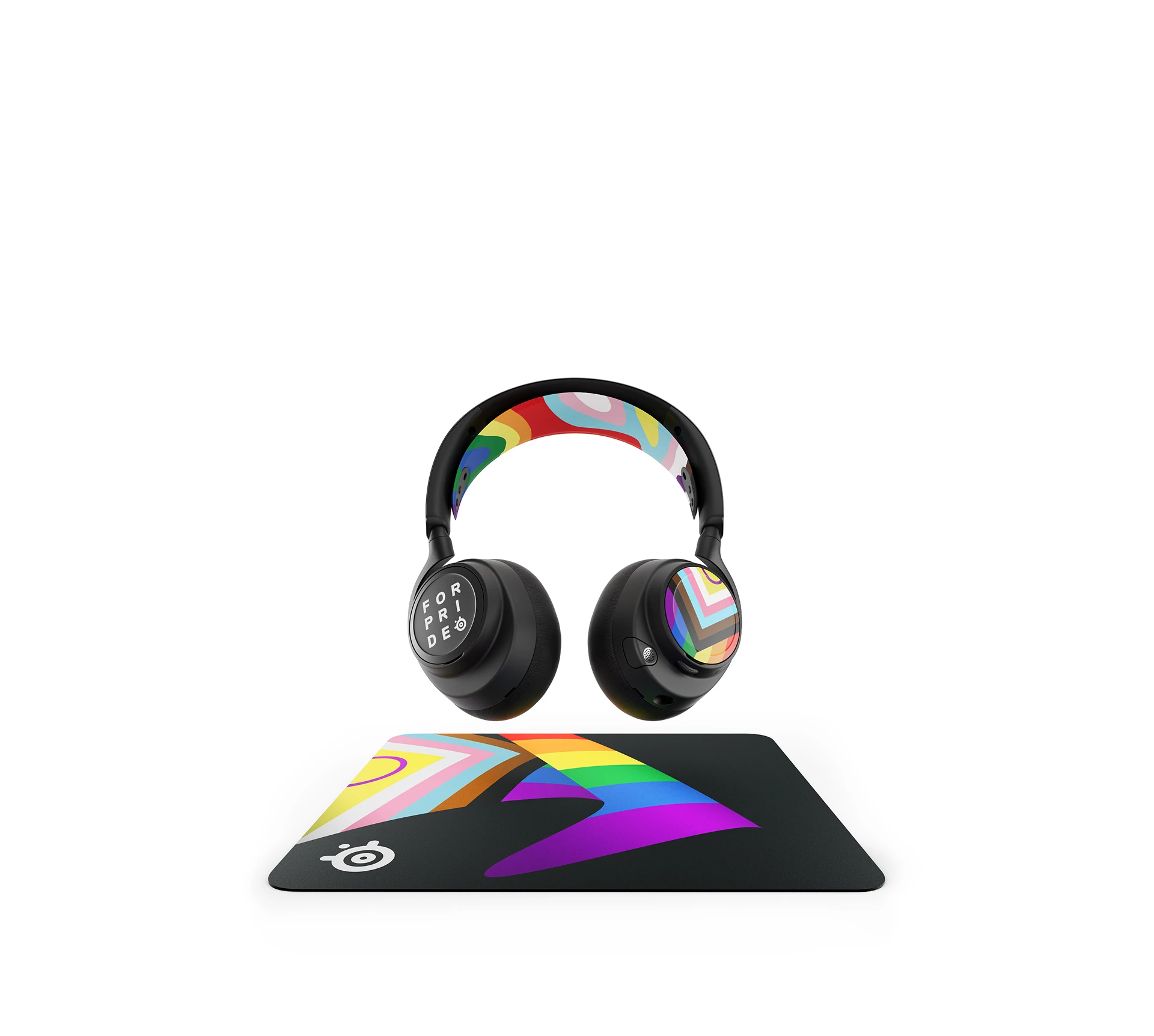 SteelSeries For Pride collection featuring custom gaming headset and rainbow Pride flag mousepad.