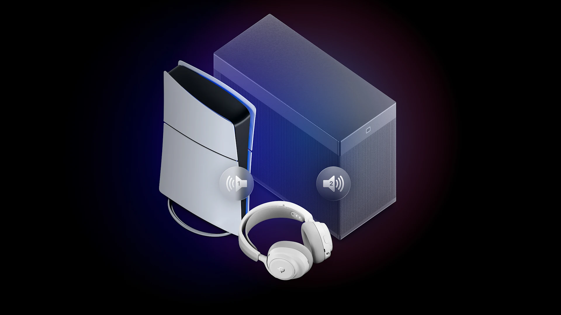 Illustration of SteelSeries headset connected simultaneously to a white console and a tall PC tower, with separate audio icons for each device.