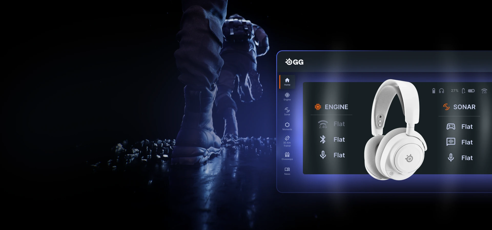 Auriculares SteelSeries blancos con la interfaz de usuario GG al fondo.