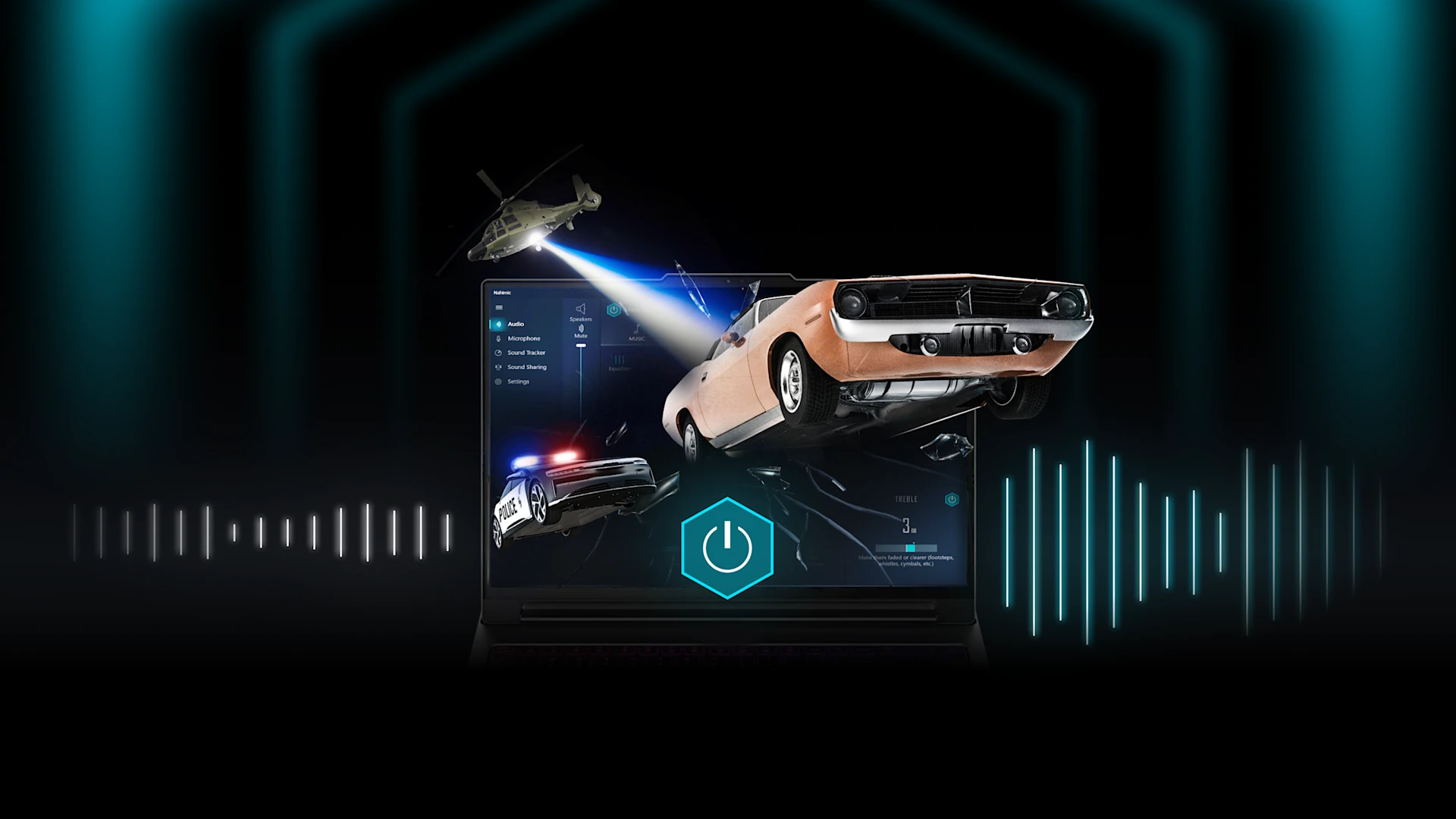 Car chased by police helicopter and car leaving a laptop screen with audio waves in the background.