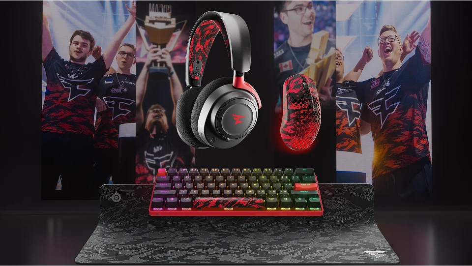 The SteelSeries limited edition FaZe collection hovering against a screen background showcasing the many team wins.
