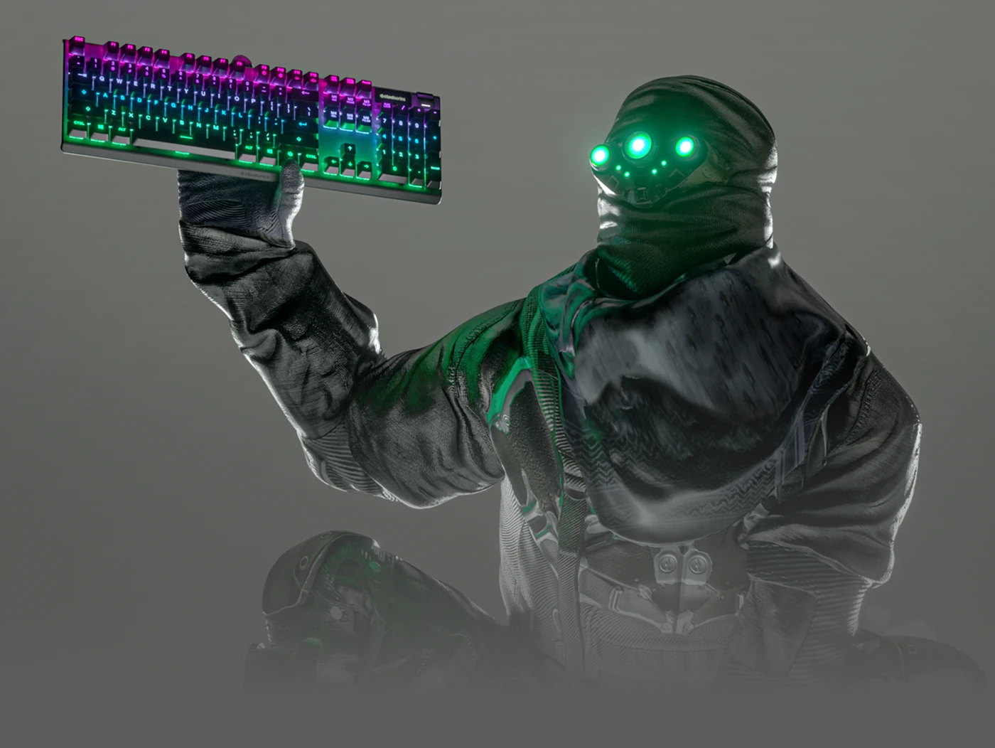 An image of a character holding an Apex keyboard with a grey gradient background.