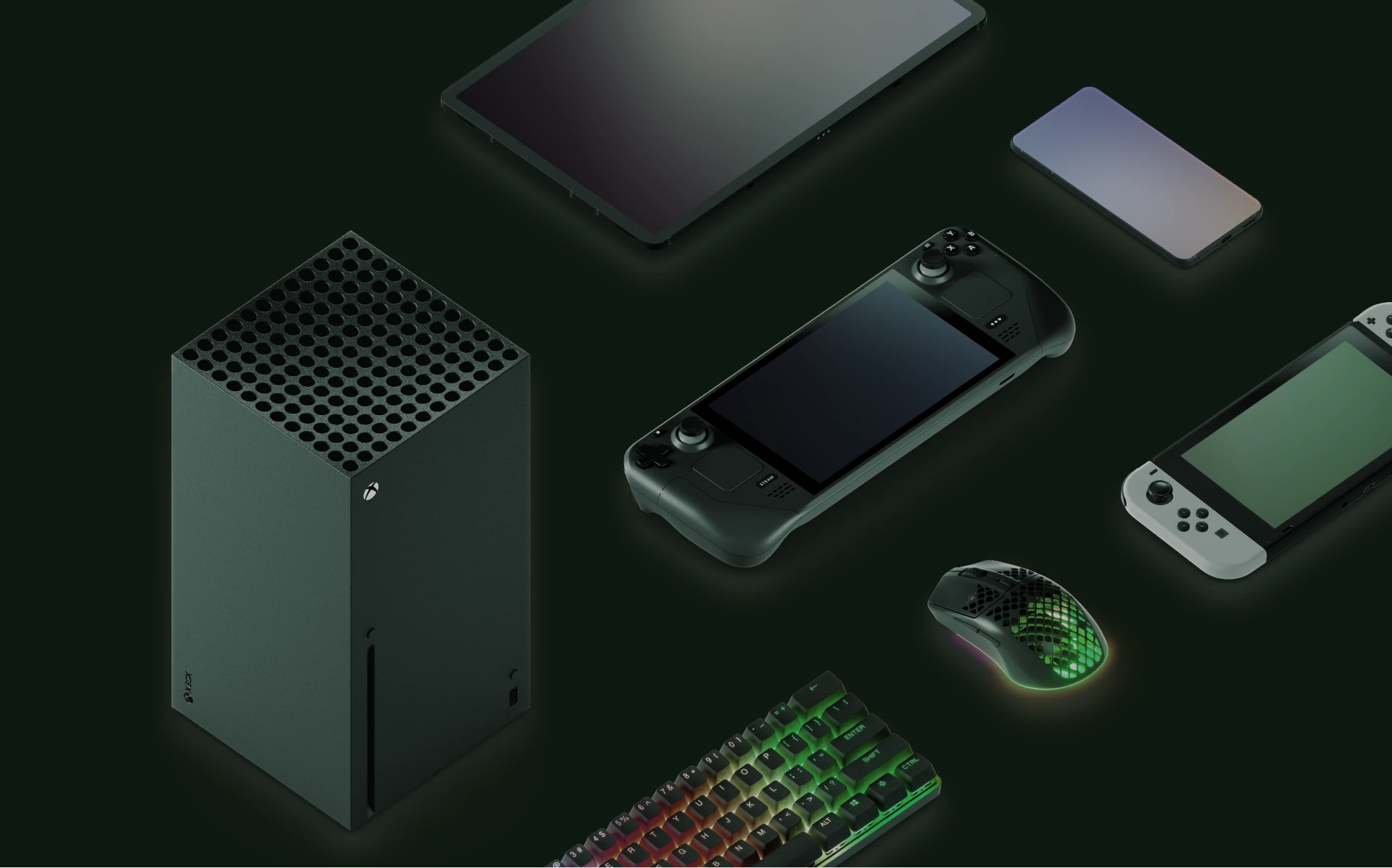 A few different devices: a mouse, keyboard, Xbox handheld console, showcasing the versatility of the dongle.