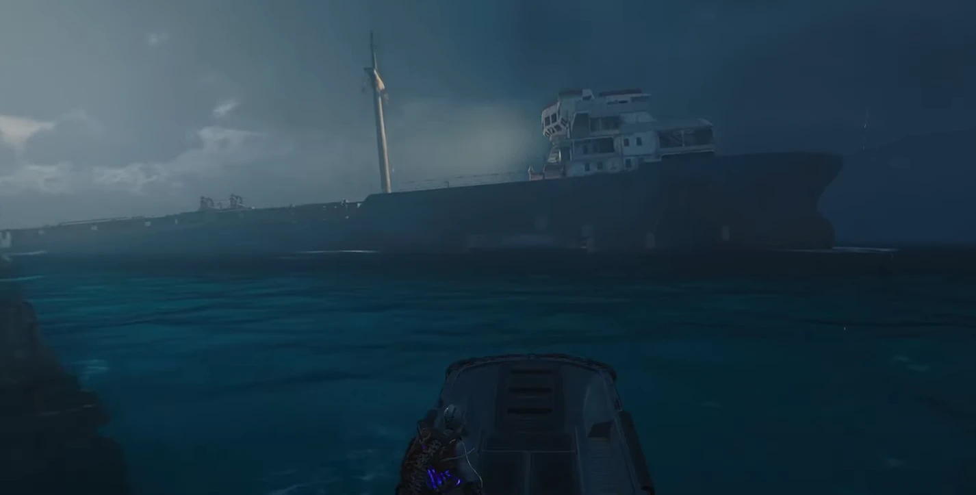 A view on a shipwreck in the far distance from the perspective of tactical raft.