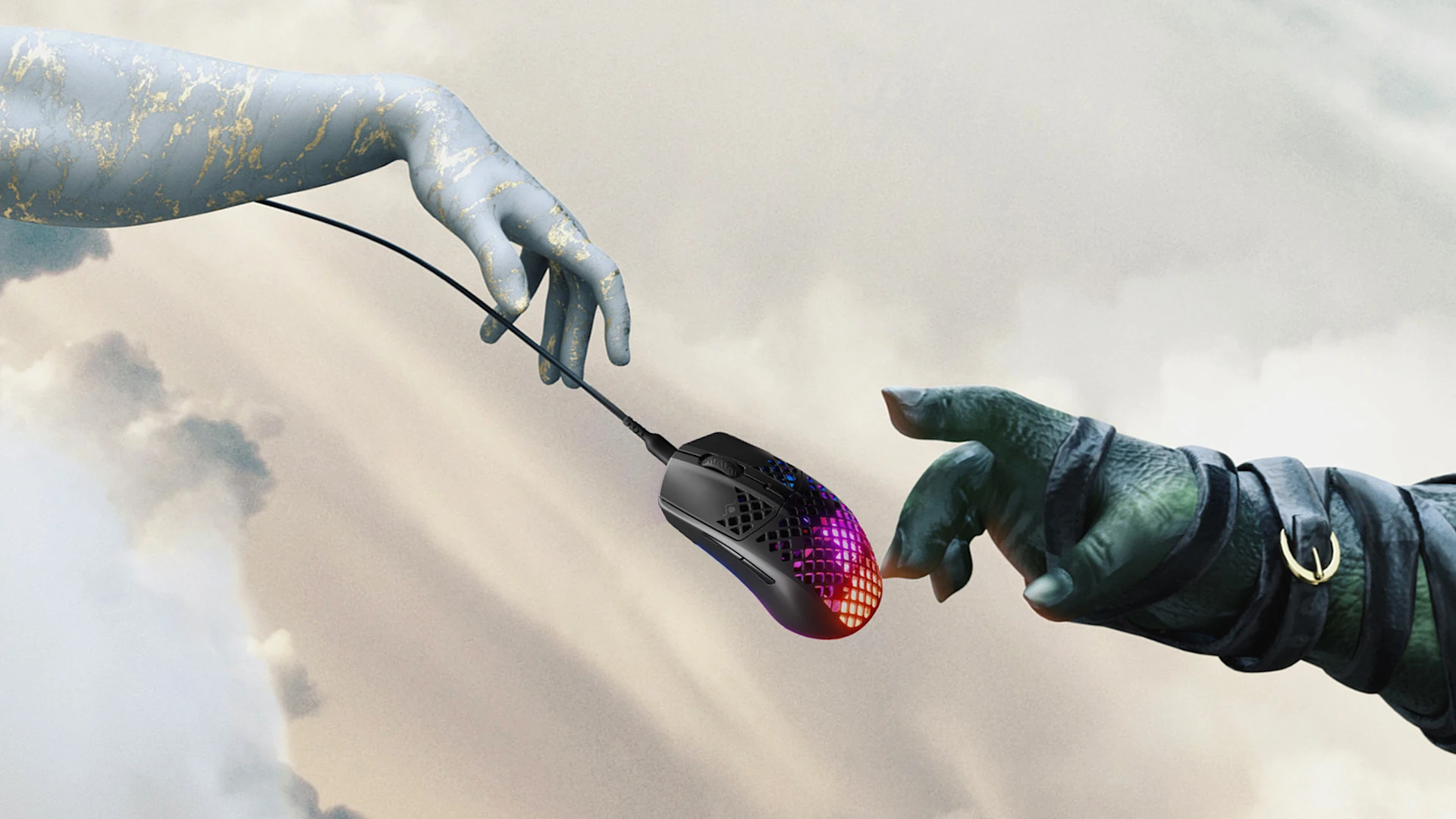 A parody of "The Creation of Adam" where a divine hand passes a SteelSeries gaming mouse to a green orc's hand against a cloudy sky.