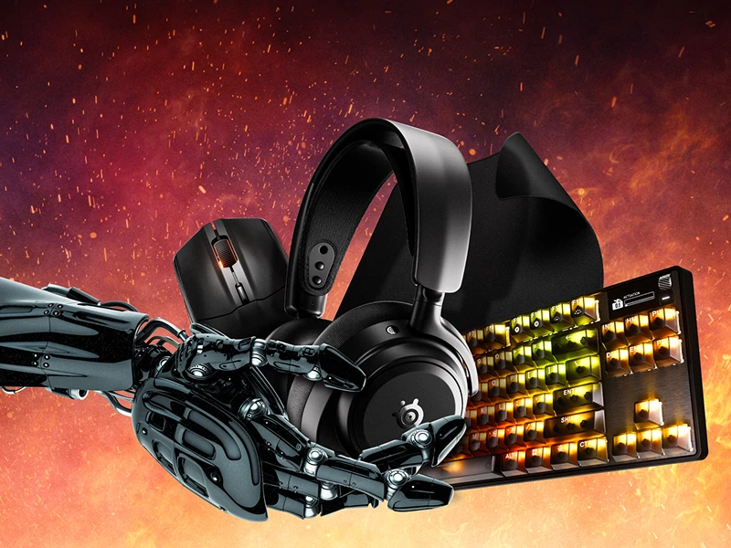 An image of a robotic arm holding an assortment of SteelSeries gear.