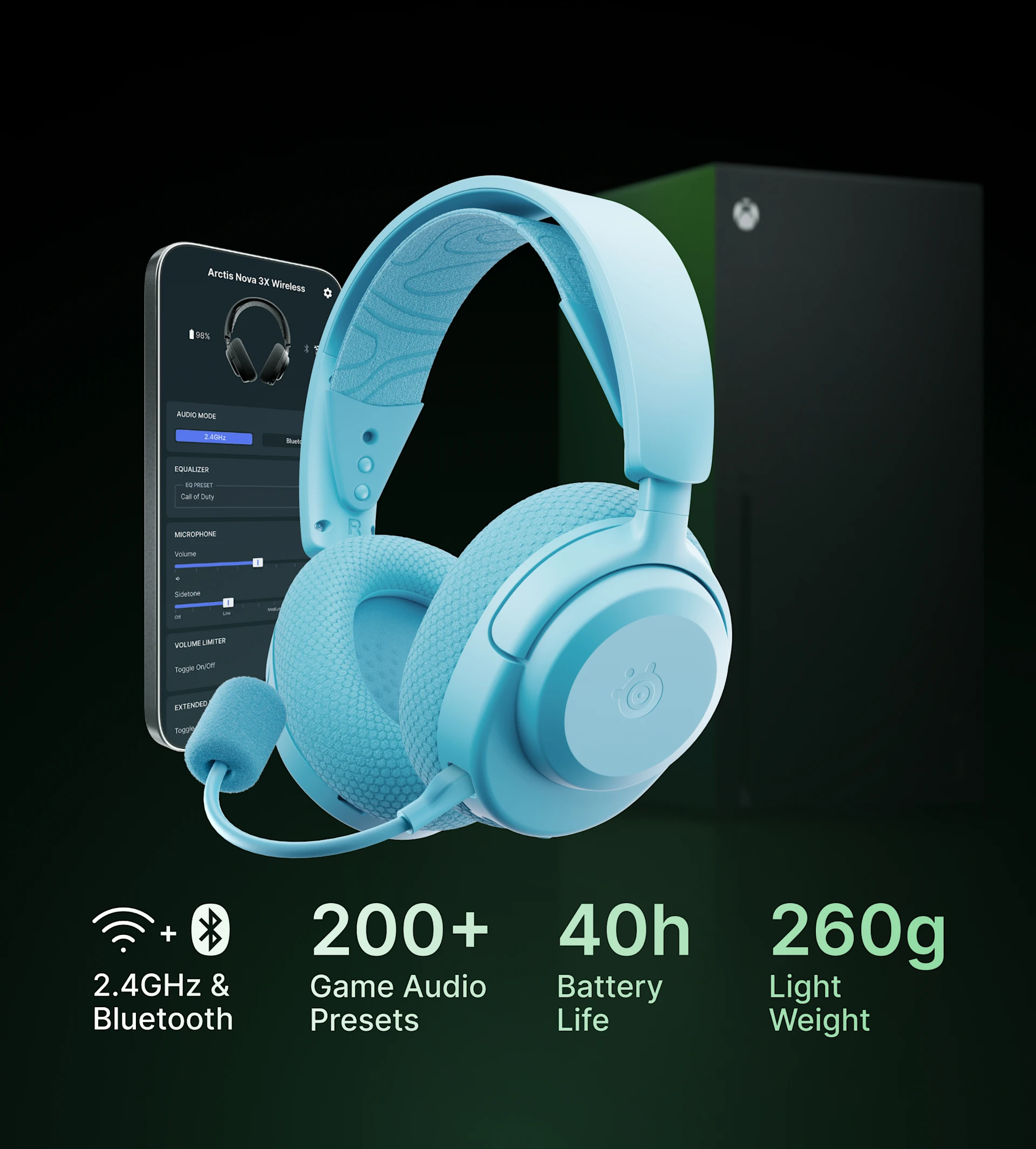 Arctis Nova 3 Wireless aqua surrounded by smartphone and Xbox console on a dark background