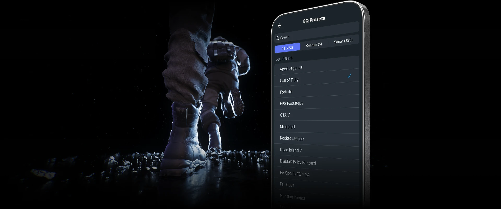 A phone displaying the settings from the Companion app on the screen, with characters running next to the device.