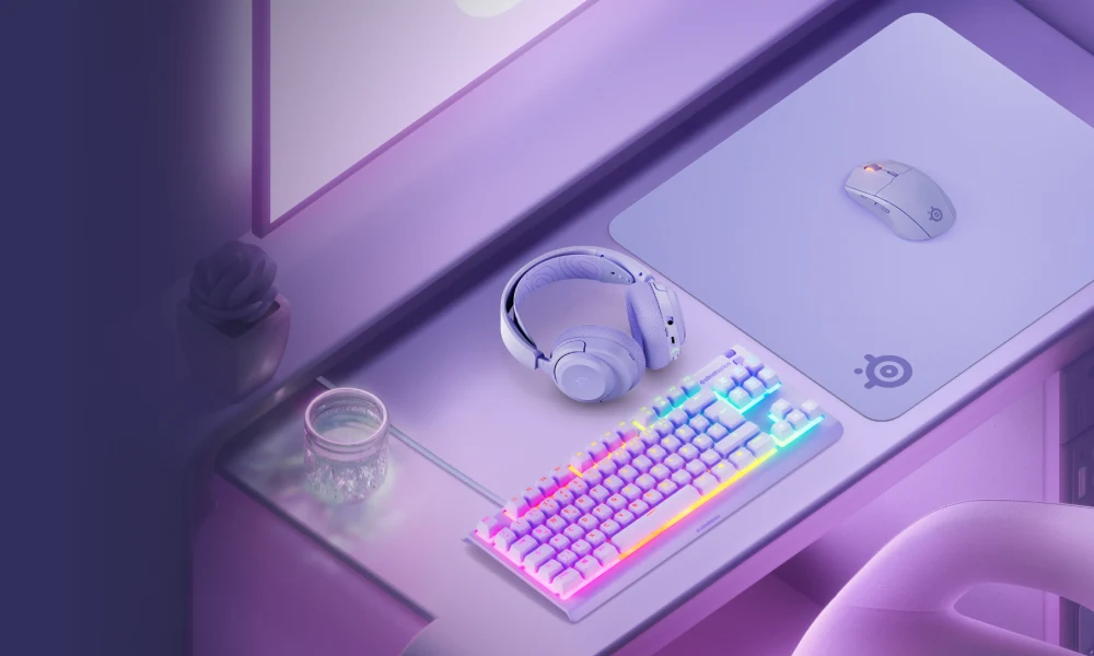 An image of an all lavender SteelSeries gaming setup.