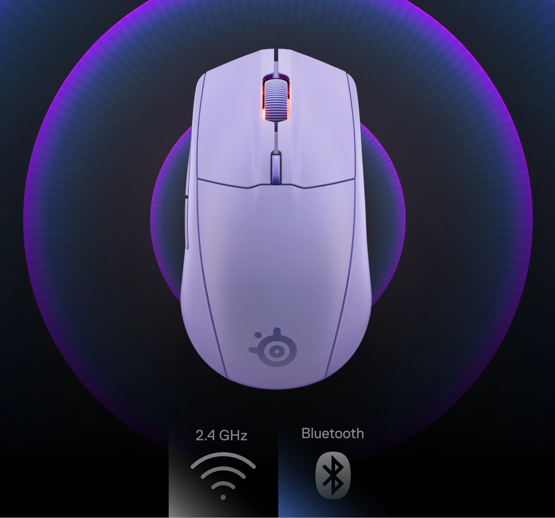 Mor ve mavi renkte soyut bir arka plan üzerinde Rival 3 Kablosuz Gen 2 mouse