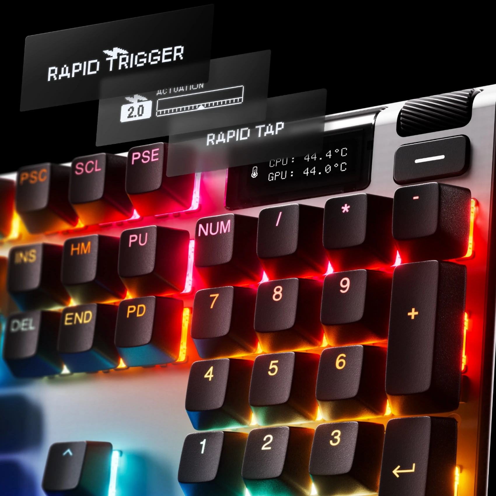 A close-up of the OLED screen on the Apex Pro Gen 3 keyboard.